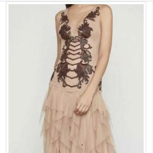 BCBG MAX AZRIA Embroidered Nude Tulle Gown